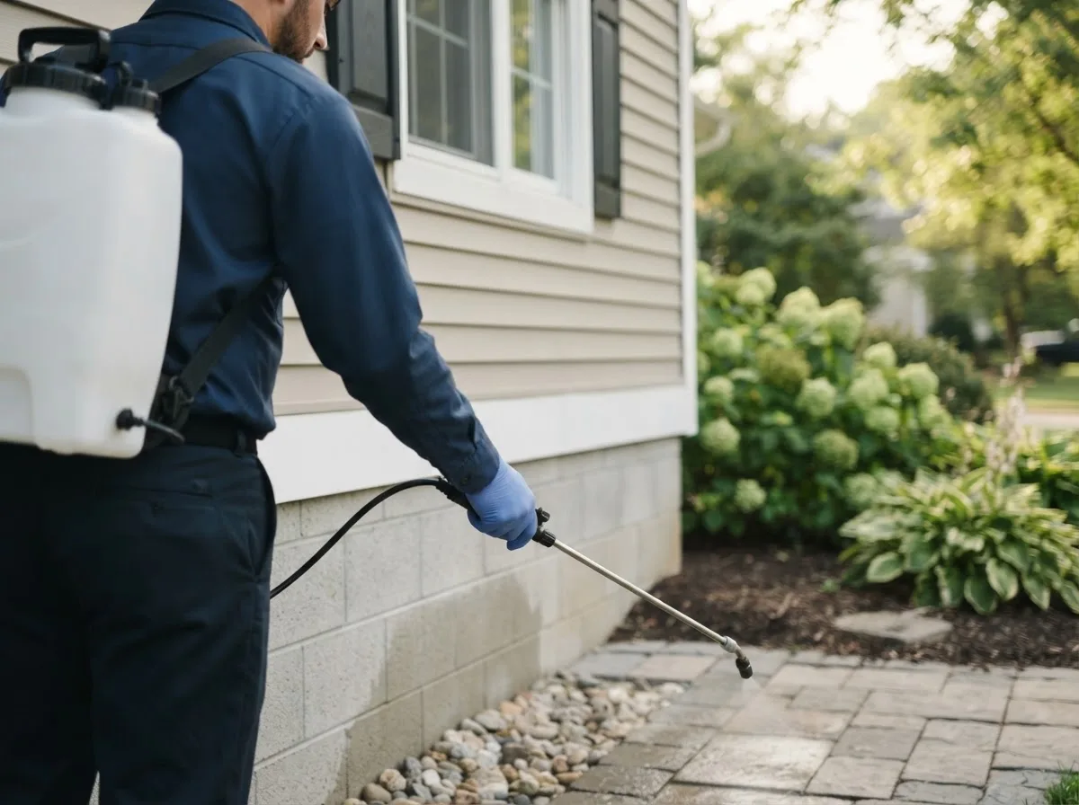 Pest control technician inspecting a home in Hume, IL